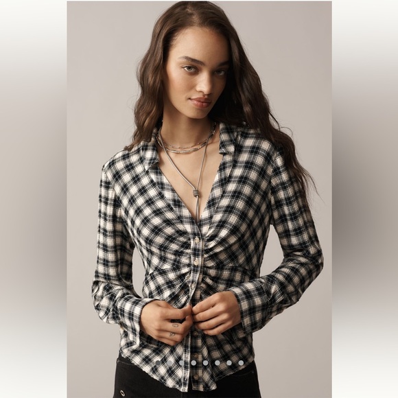 Pilcro Tops - Anthropologie The Keaton Ruched Collared Blouse by Pilcro in Plaid NEW